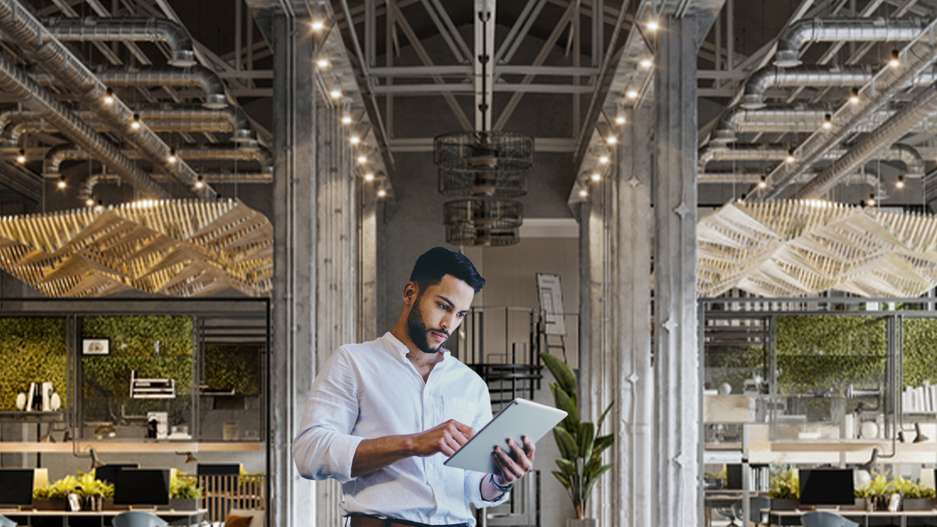 Man viewing tablet inside his business