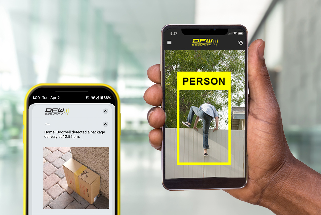 DFW Security app on phone showing notification of package delivery and detection of human