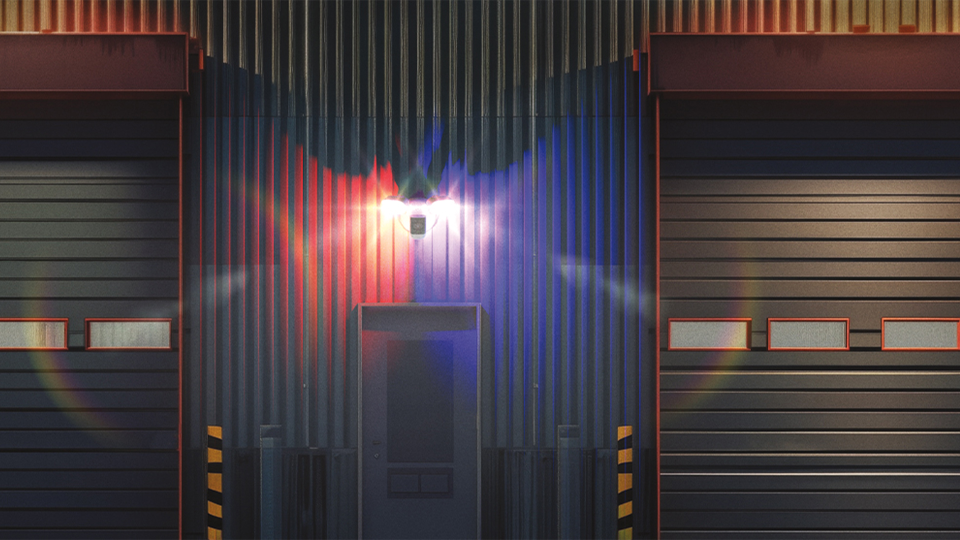 Floodlight cameras on building with lights flashing