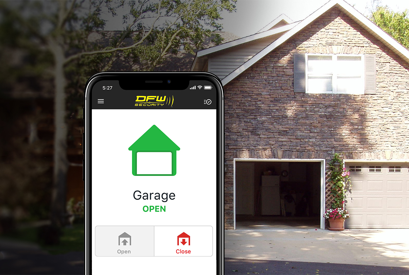 house with open garage door and phone with DFW Security app