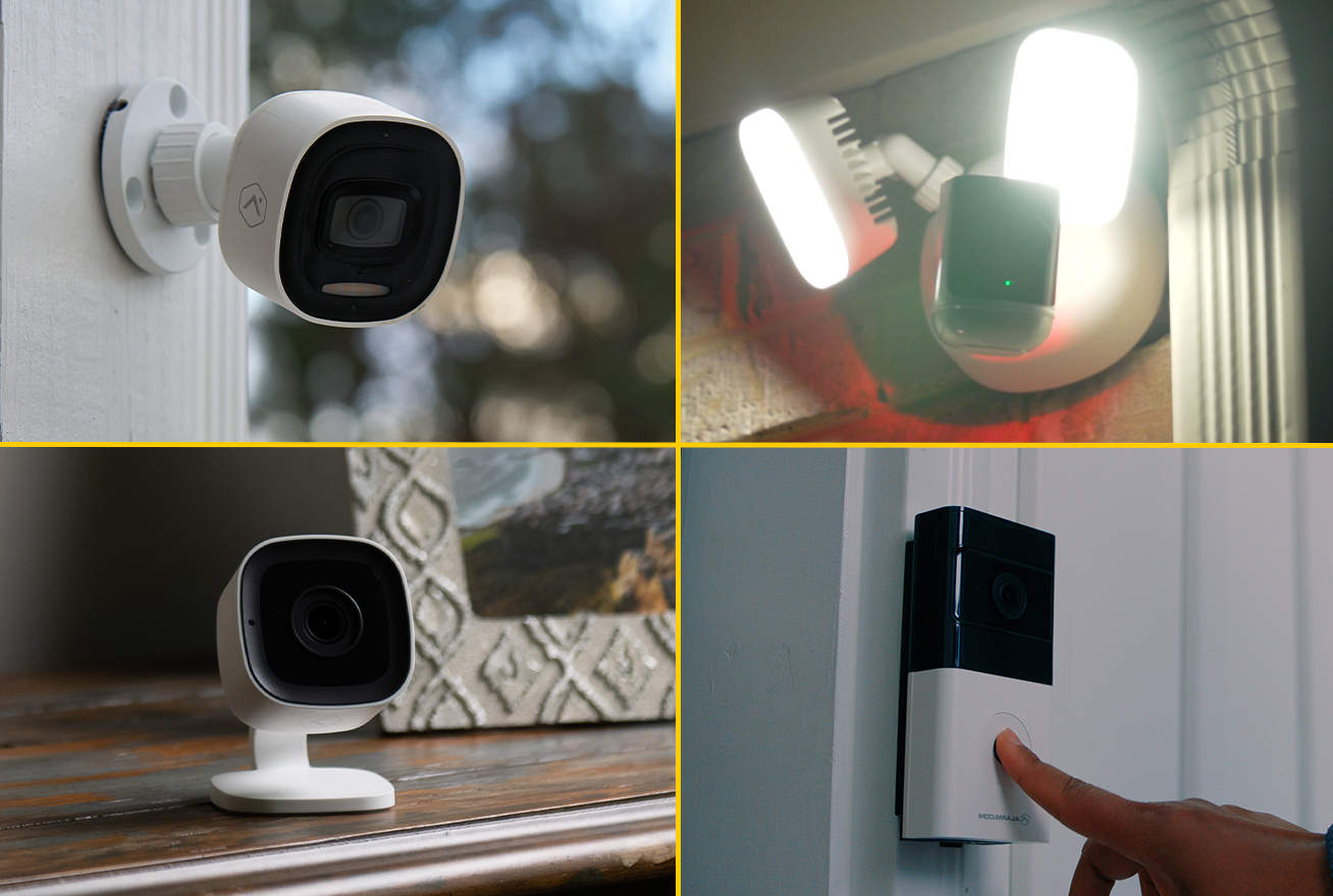 split screen with 4 different types of home security cameras