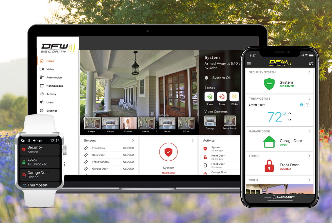laptop, smart watch and mobile phone with apps for security cameras