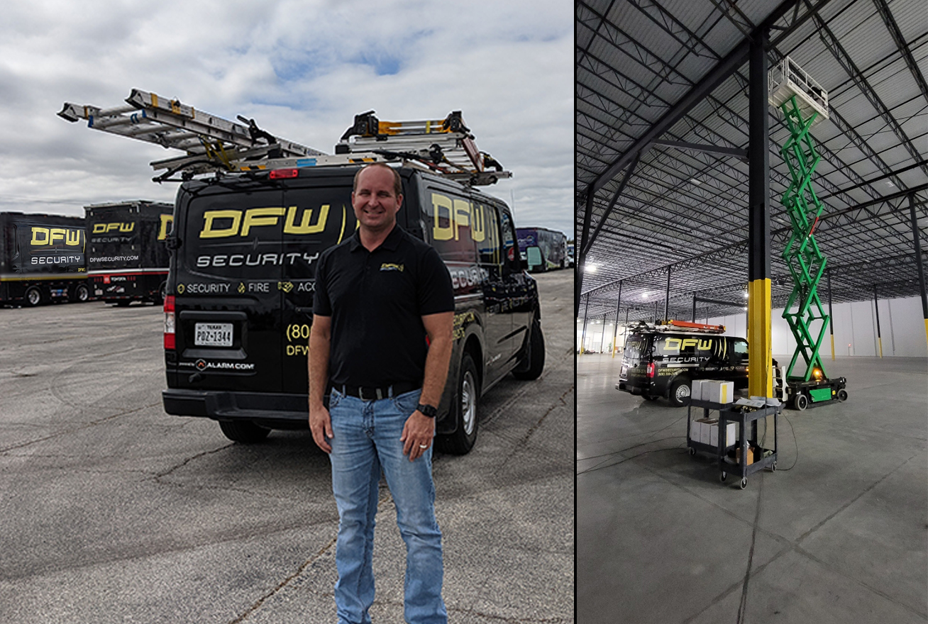 DFW Security technician standing by van with scissor lift in warehouse
