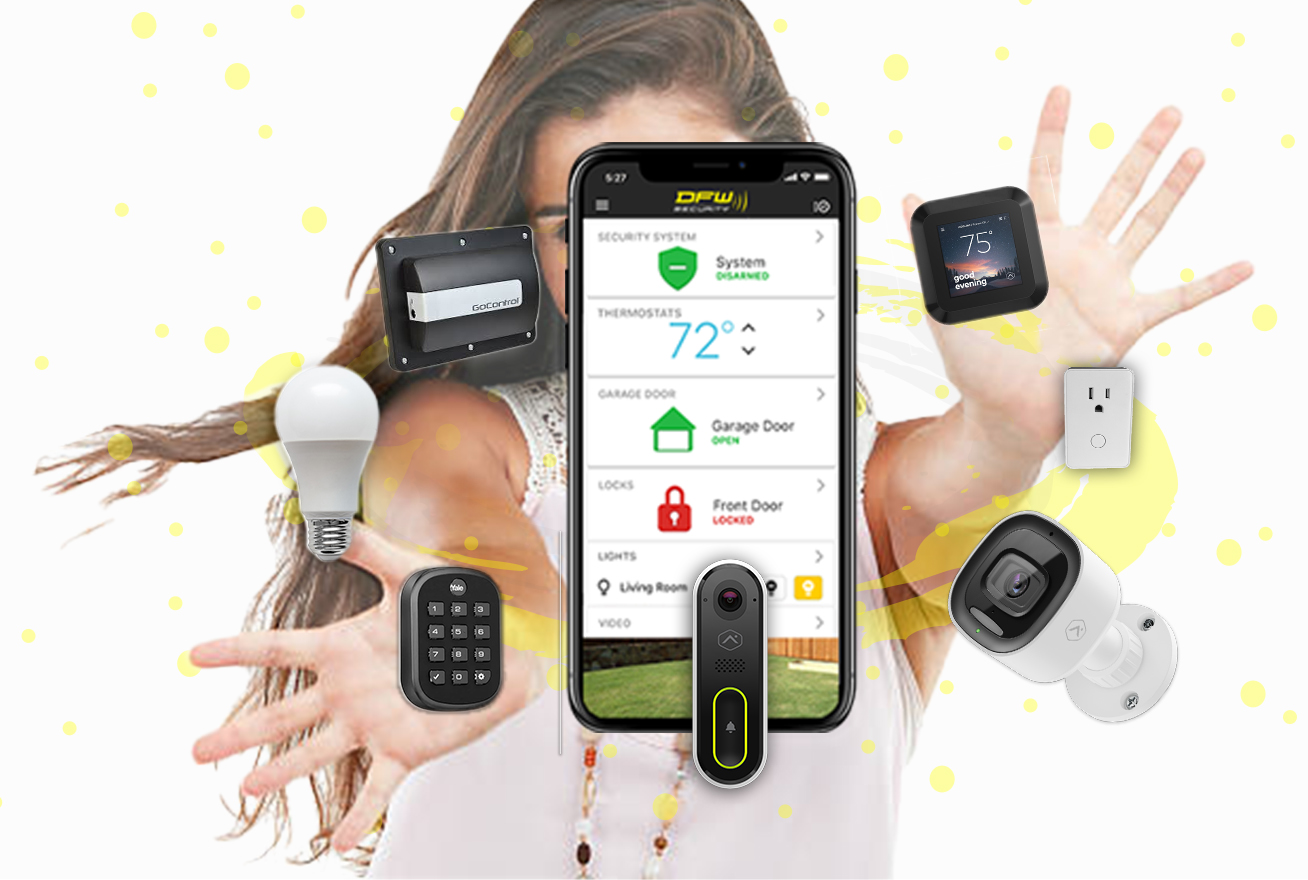 woman with alarm.com app surrounded by smart home devices