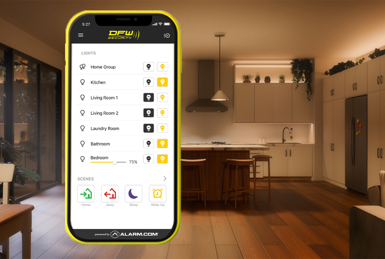 Phone with DFW Security app displaying smart lighting control