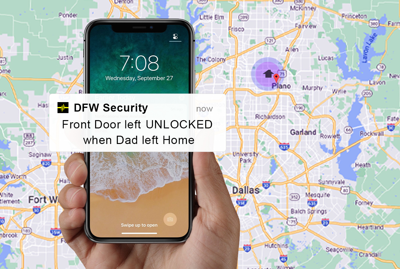 Map of Dallas-Fort Worth with alert on phone showing door was left unlocked