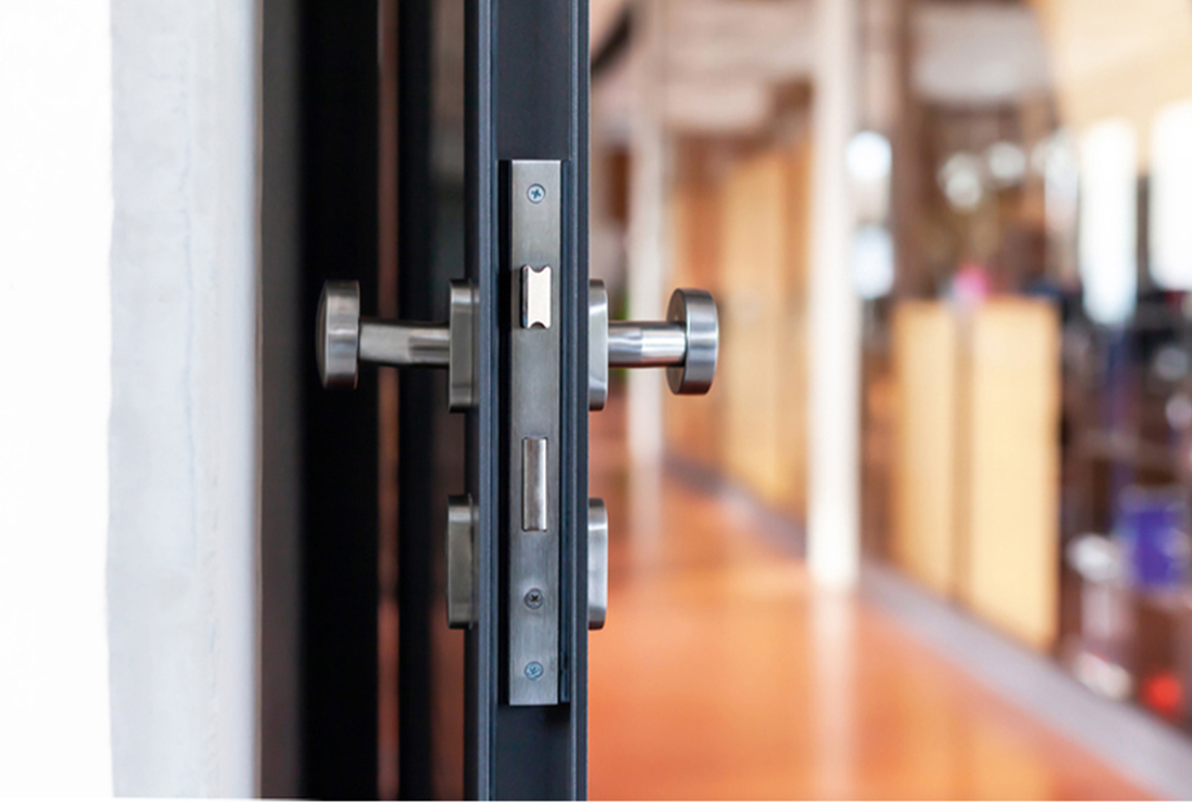 Side view of door with access control lock