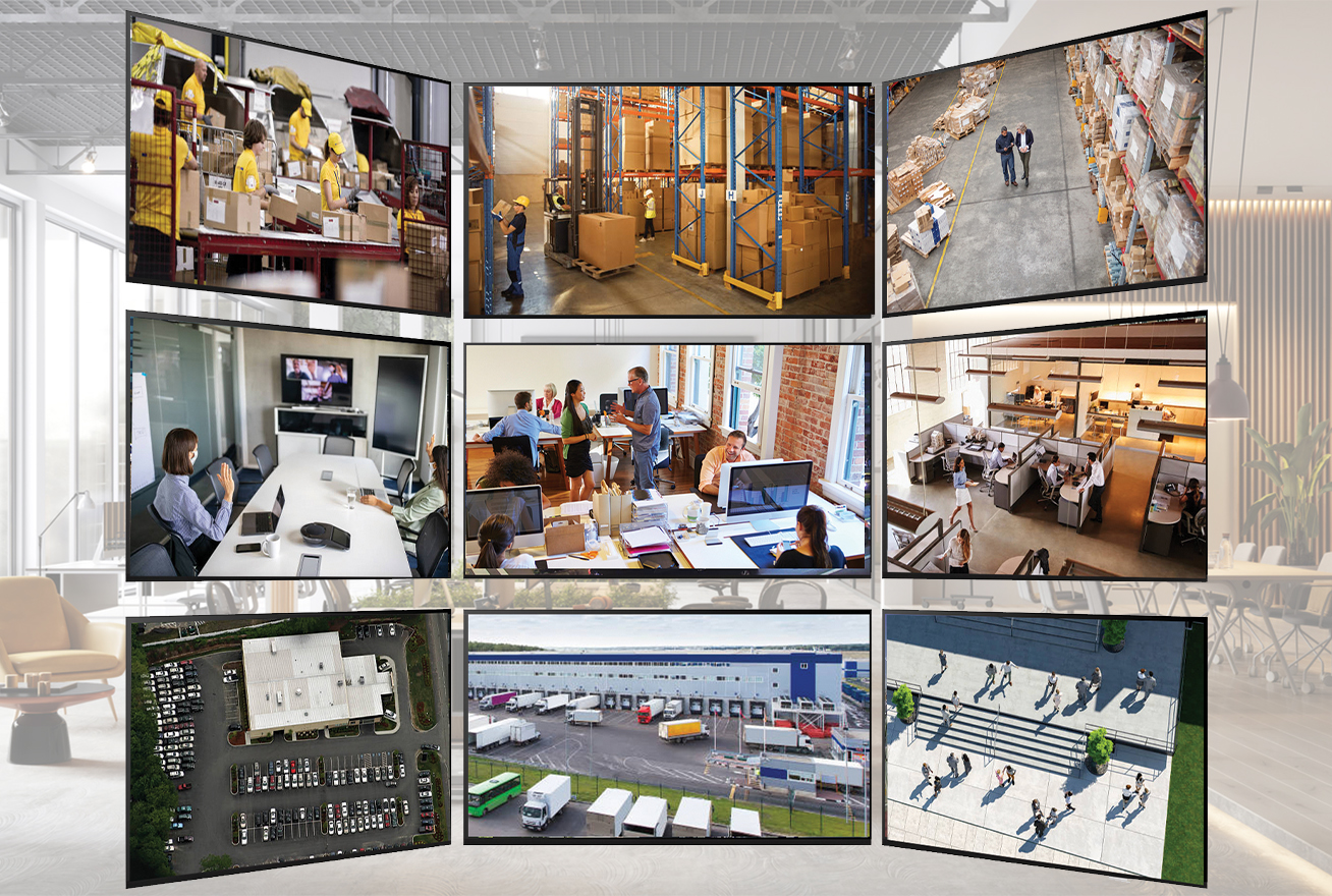 multiple screen showing footage from commercial security cameras