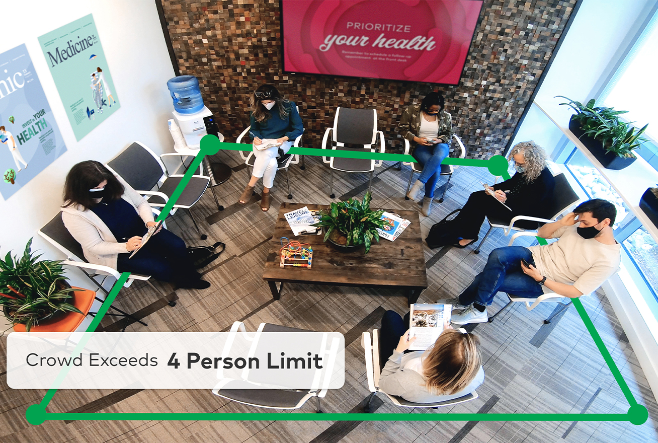waiting room in medical office with alert showing crowd exceeding 4-person limit