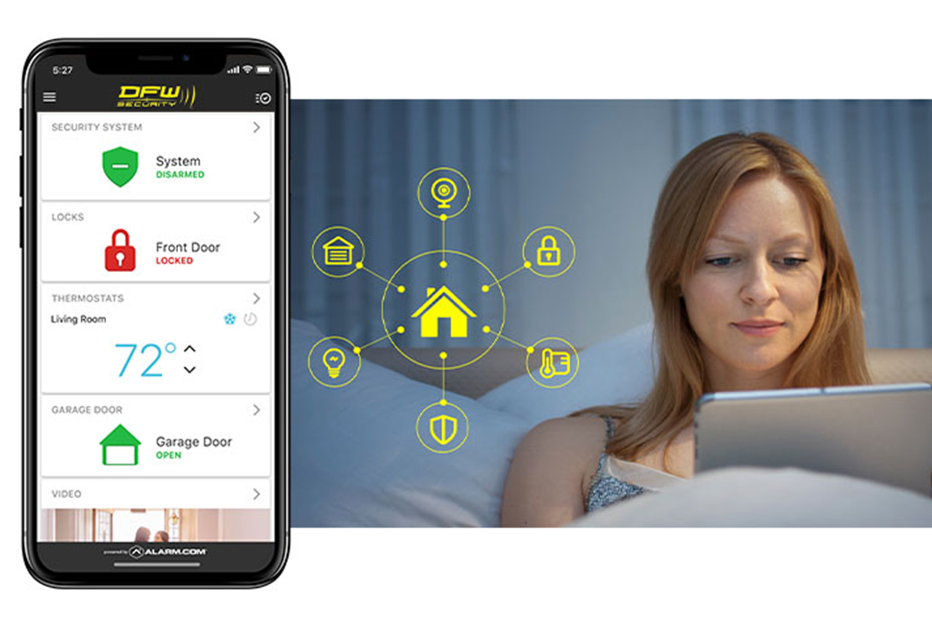 woman checking the smart home app on her phone