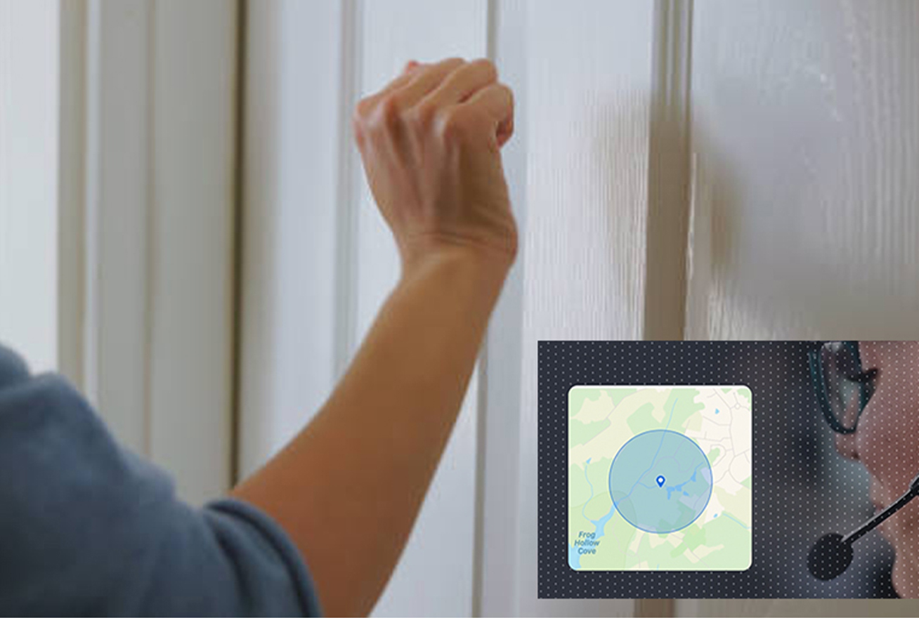 woman knocking on door with overlay of agent helping her stay safe