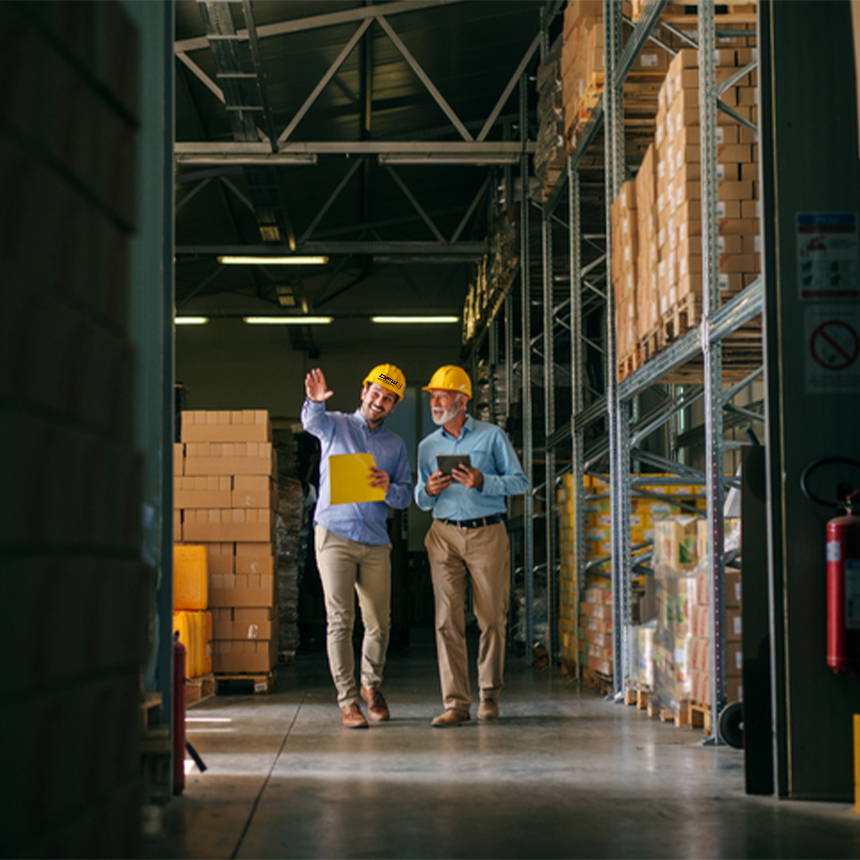 Salesperson walking in warehouse with customer