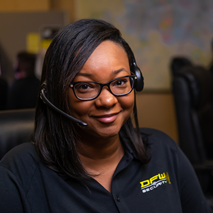 Customer service representative in DFW Security shirt