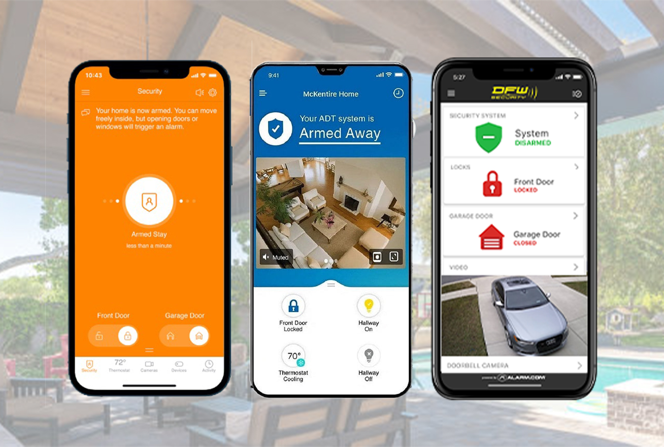Side by side view of apps from Vivint, ADT and DFW Security