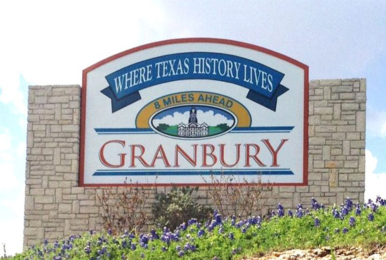 Granbury sign as seen when entering the town