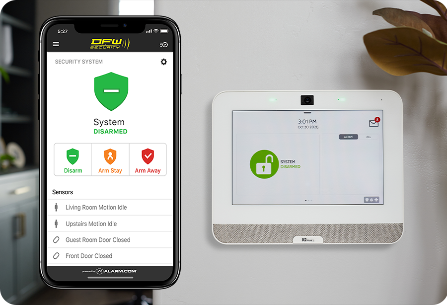 closeup of DFW Security panel and app