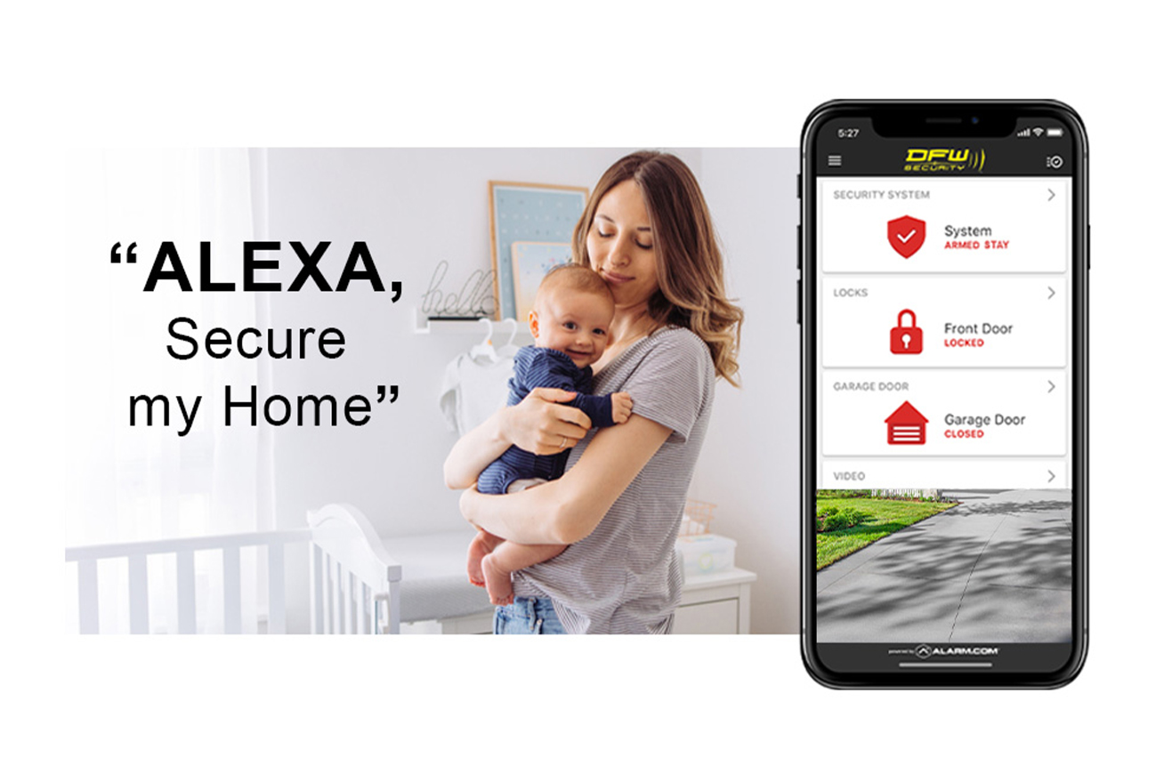 Mom holding baby and asking using a voice command to secure her home