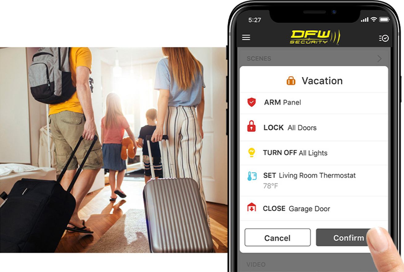 family leaving for vacation and using one-touch button to automate their home