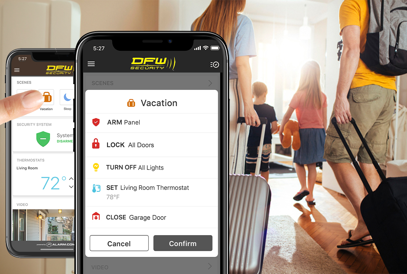 Family leaving on vacation using one app to adjust lighting