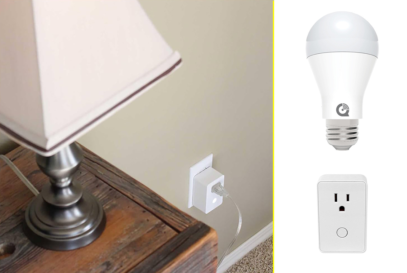 Lamp on table plugged into smart plug