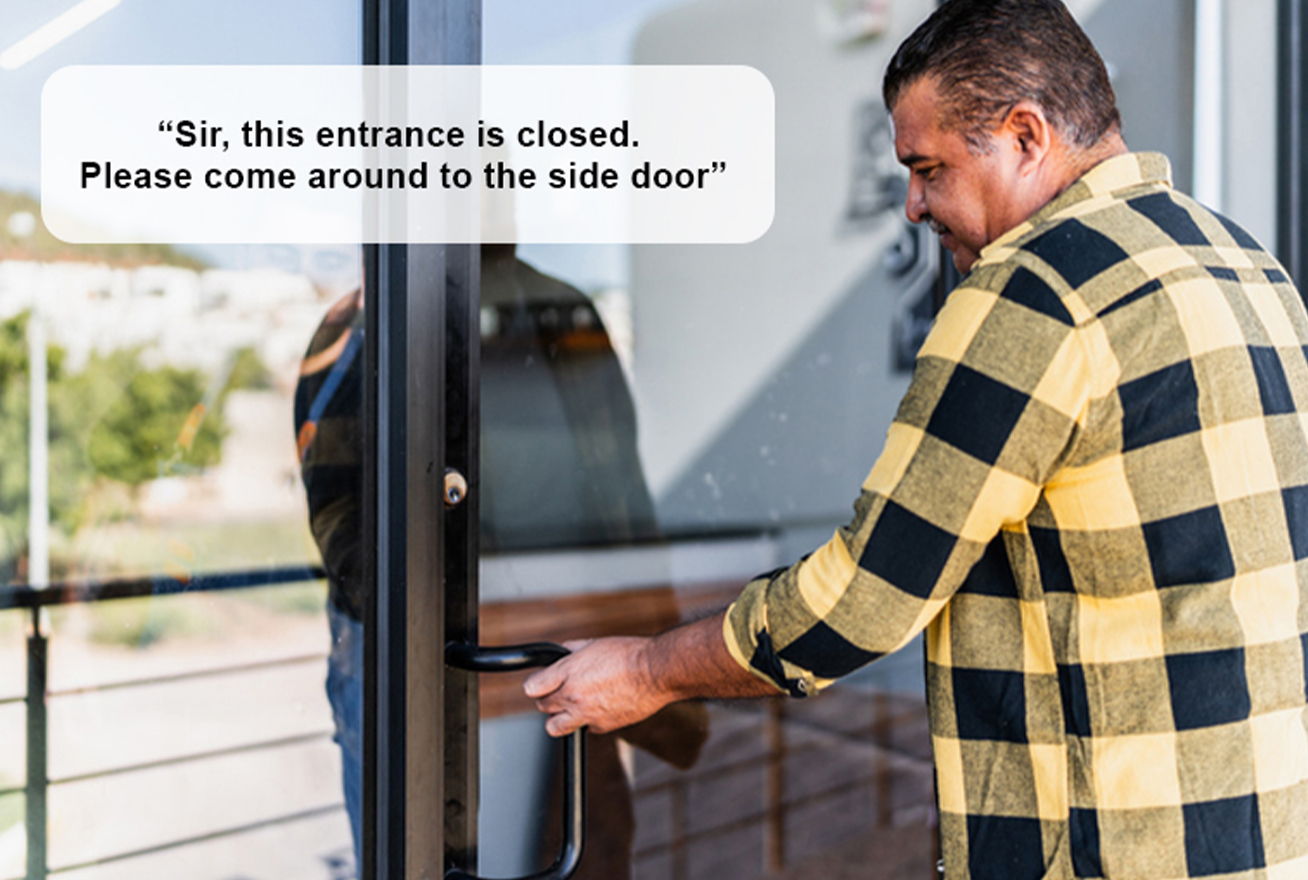 Man trying door to business hearing message to go around