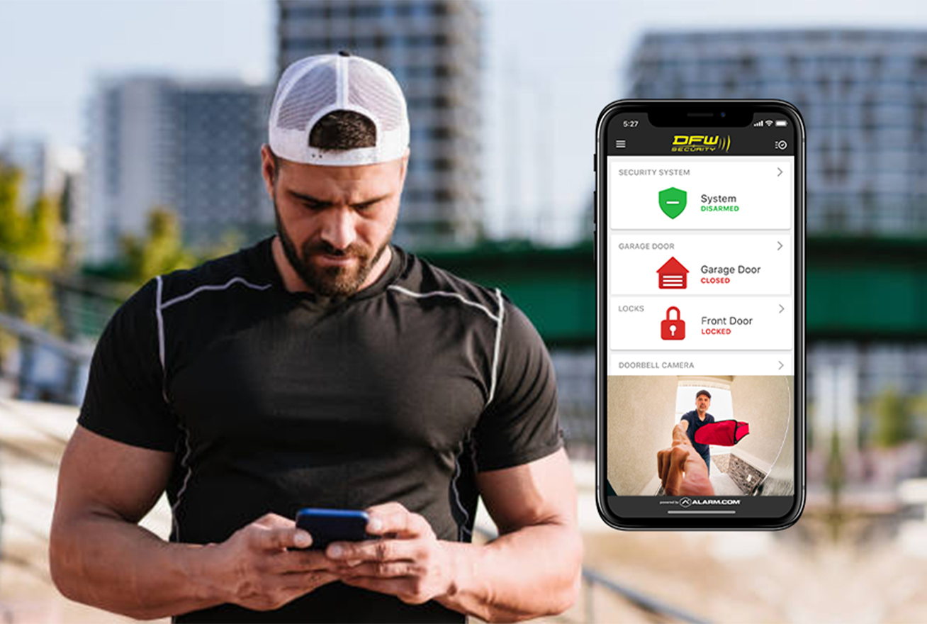 man taking a break from his run to check his smart home app