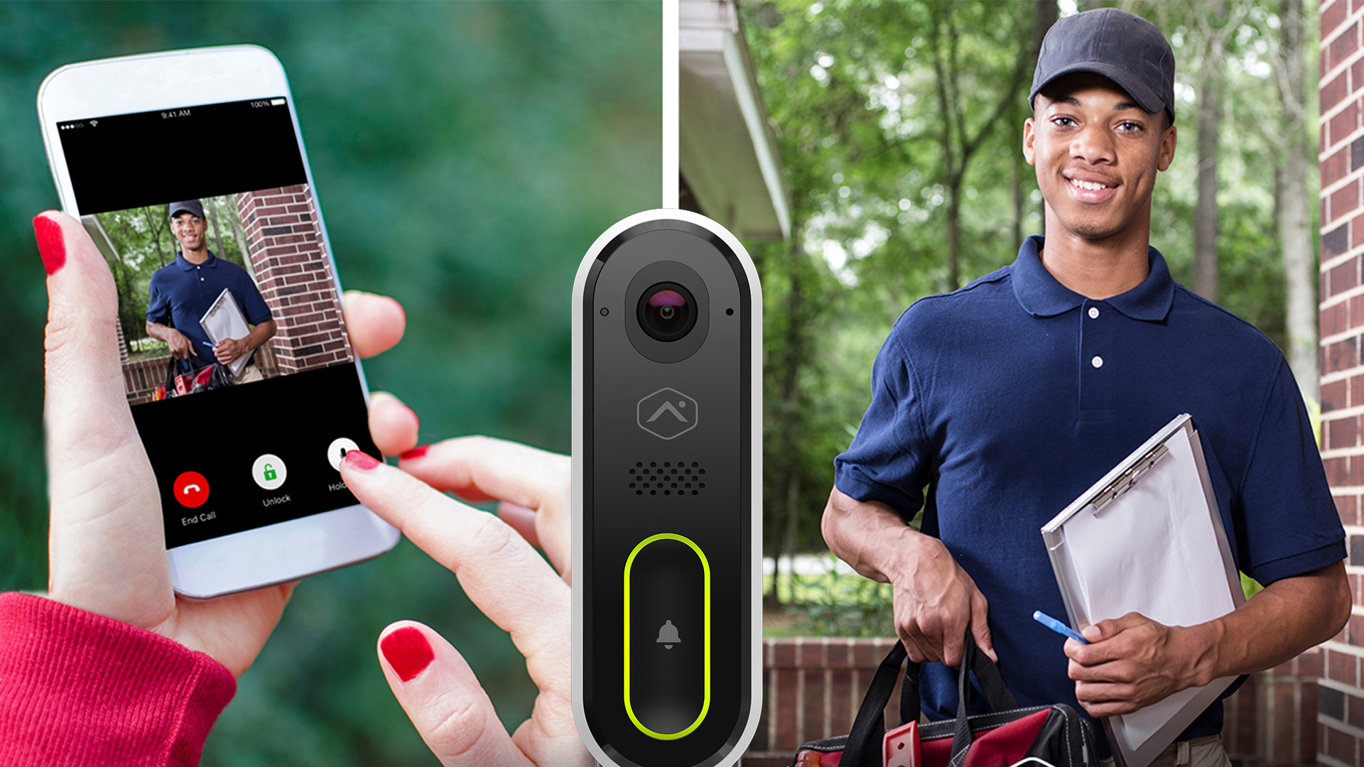contractor at front door with woman talking to him through her video doorbell