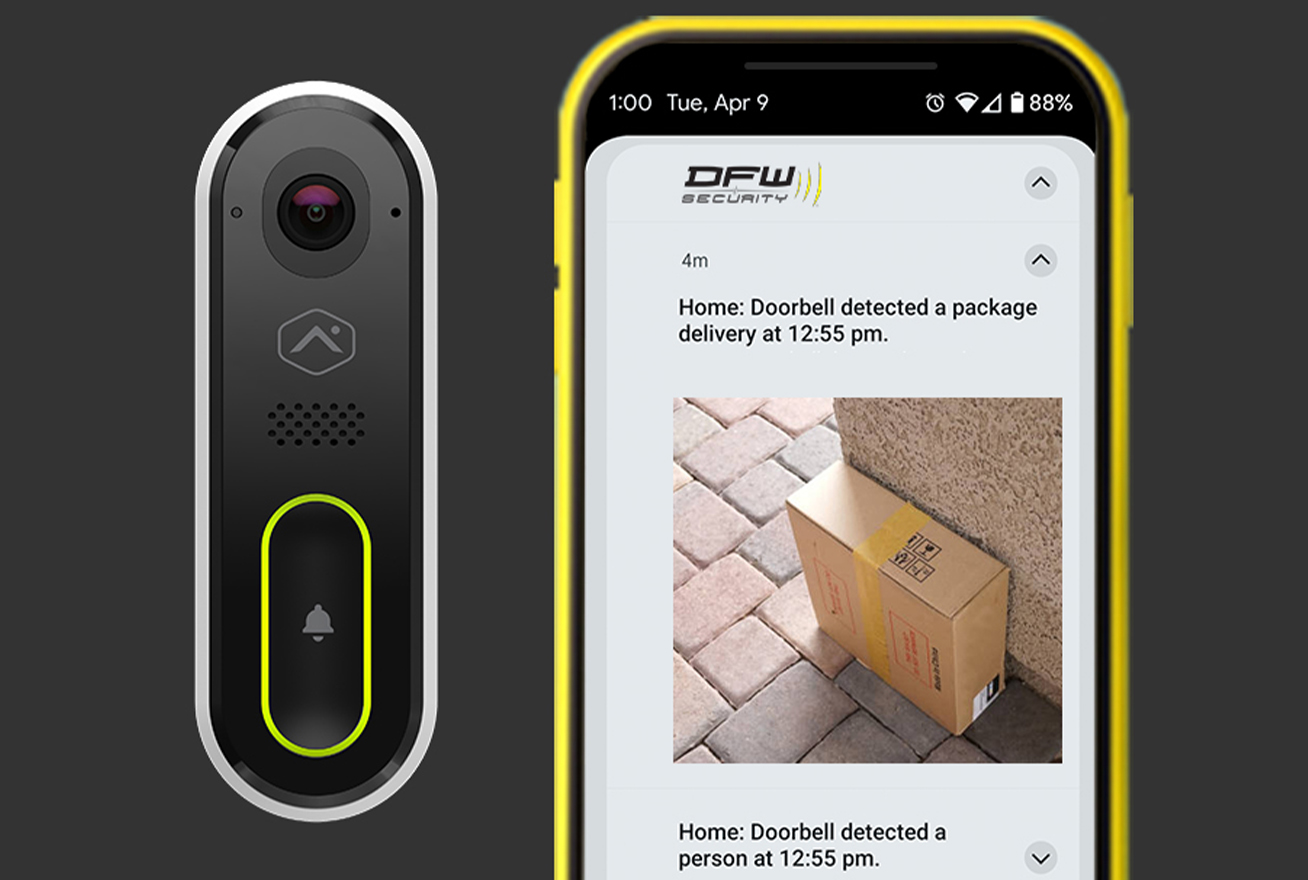 doorbell camera and app showing an alert for a package delivery