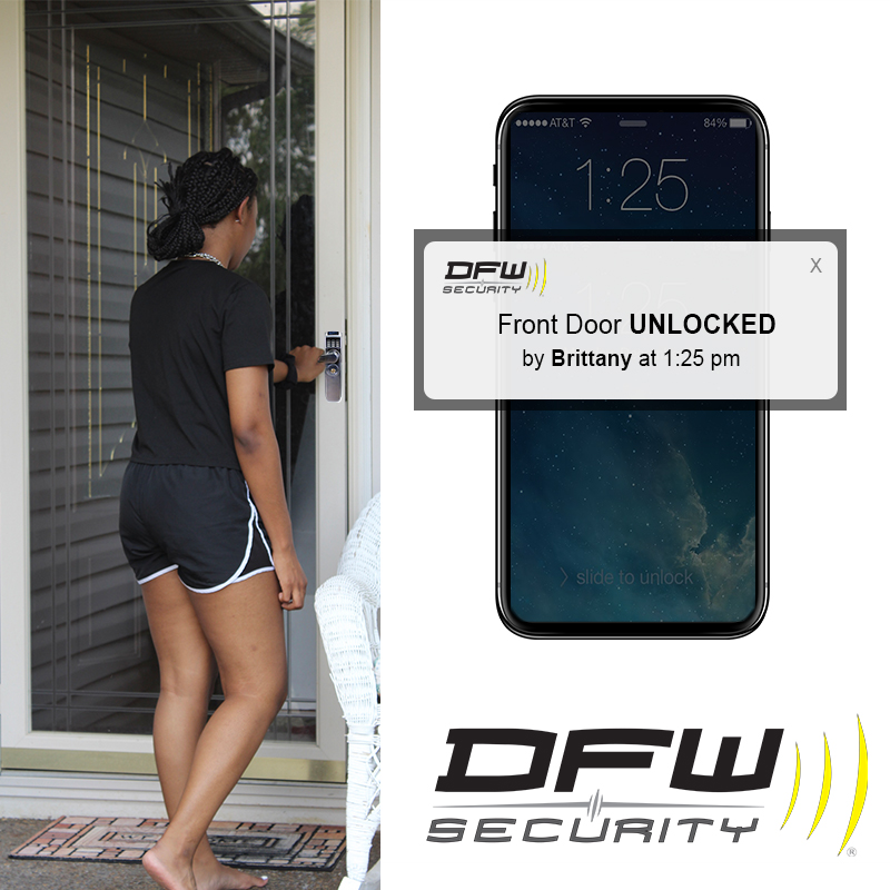 Teen unlocking door and getting alert on phone