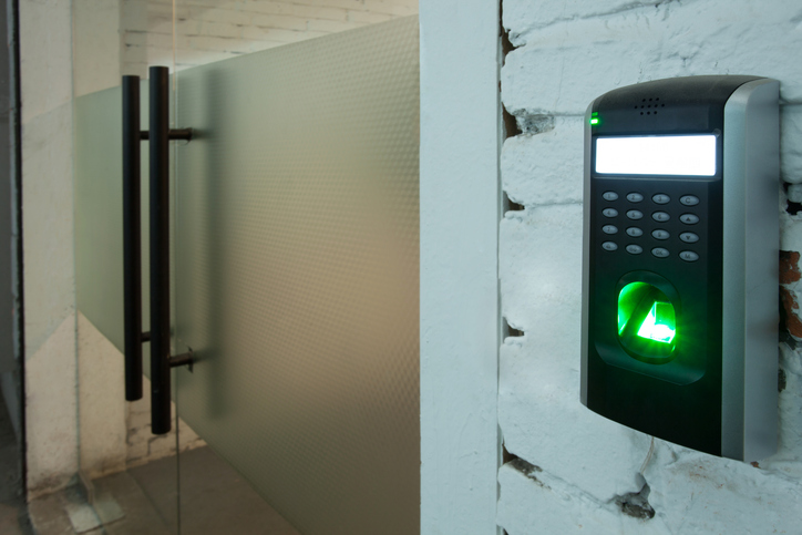 Biometric access control scanner on door