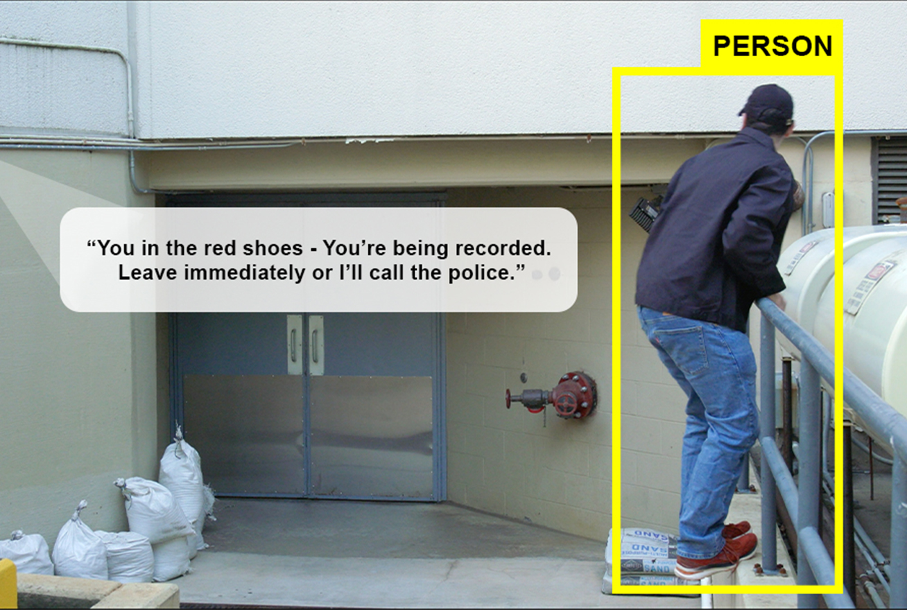 Video monitoring agent speaking through floodlight camera to intruder