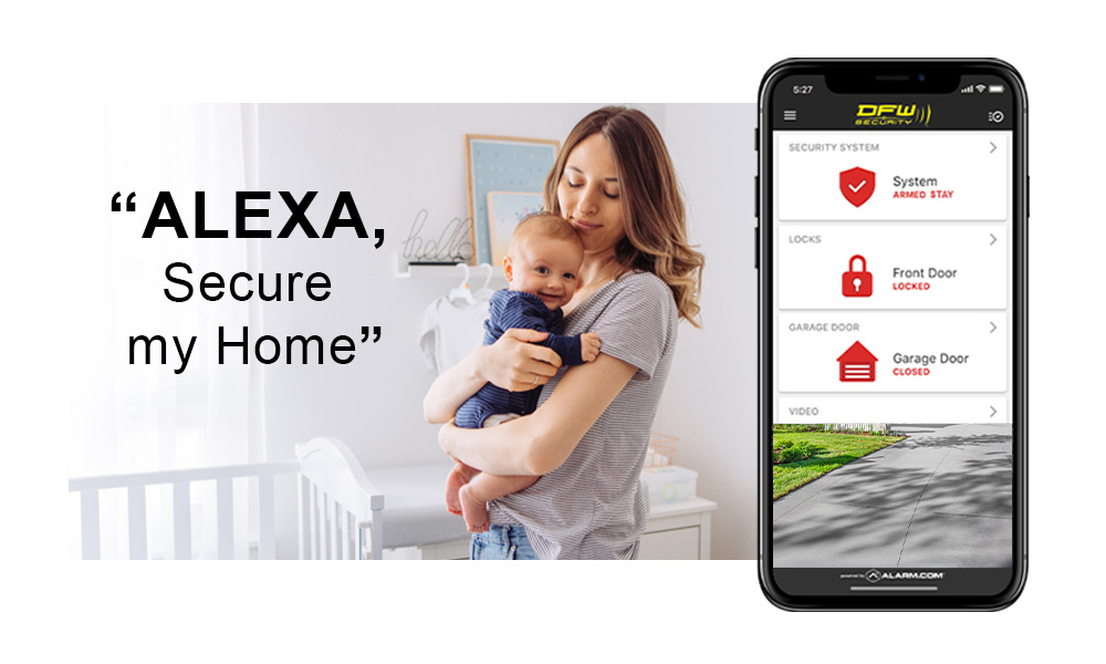 woman holding baby asking alexa to arm her home security system