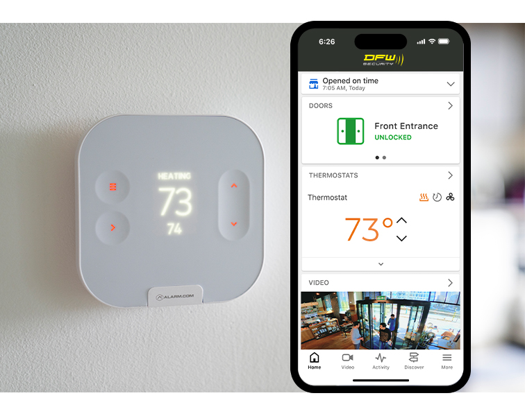 Smart thermostat on wall and DFW Security App to control it
