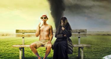 Man and woman sitting on bench, with different weather and clothing on each side of the bench
